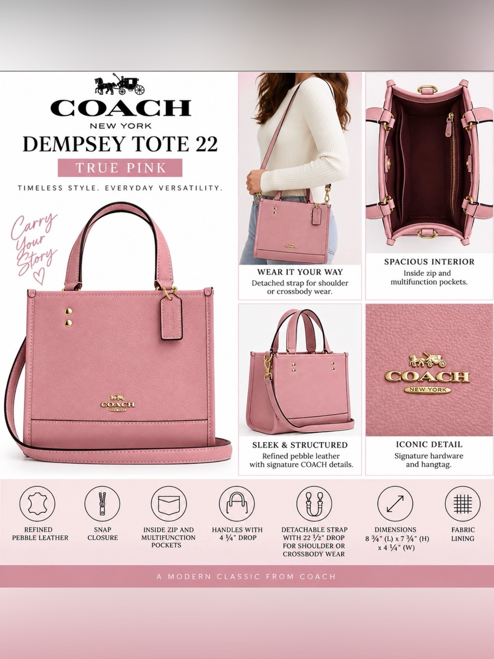 COACH DEMPSEY TOTE 22 - TRUE PINK (NEW WITH TAGS) A31